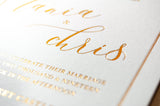 Foil Embossed Wedding Invitation, Crossbasket Castle with Modern Calligraphy