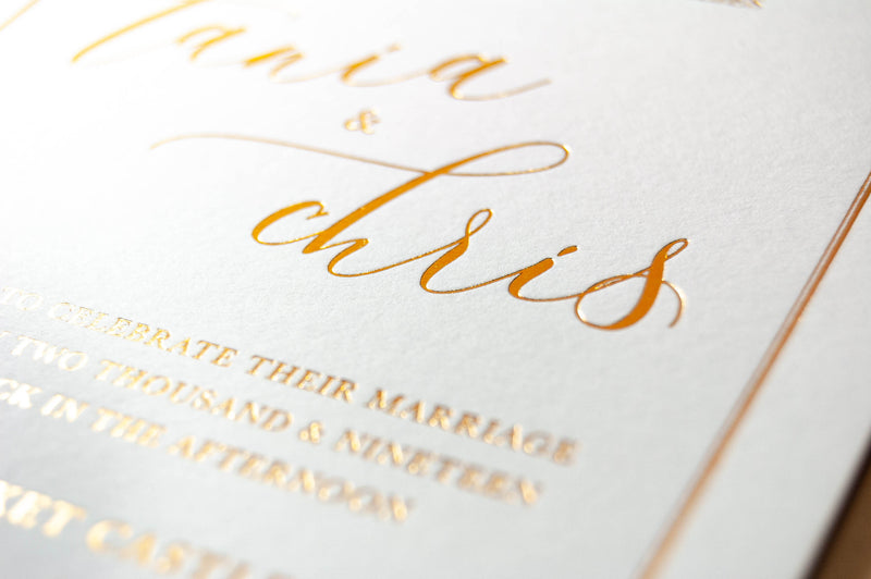 Foil Embossed Wedding Invitation, Crossbasket Castle with Modern Calligraphy
