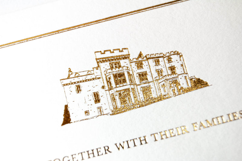 Foil Embossed Wedding Invitation, Crossbasket Castle with Modern Calligraphy