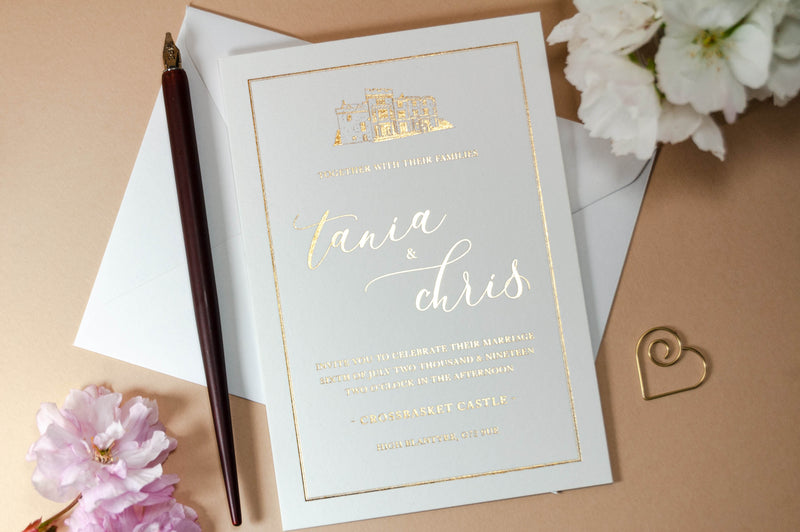Foil Embossed Wedding Invitation, Crossbasket Castle with Modern Calligraphy