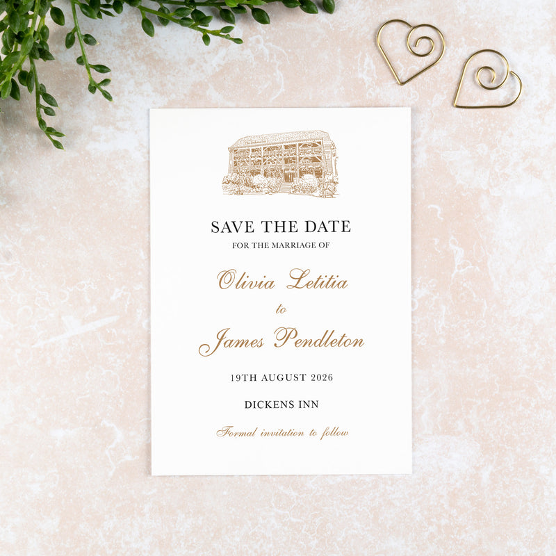 Dickens Inn, Save the Date Card, Wedding Venue Illustration