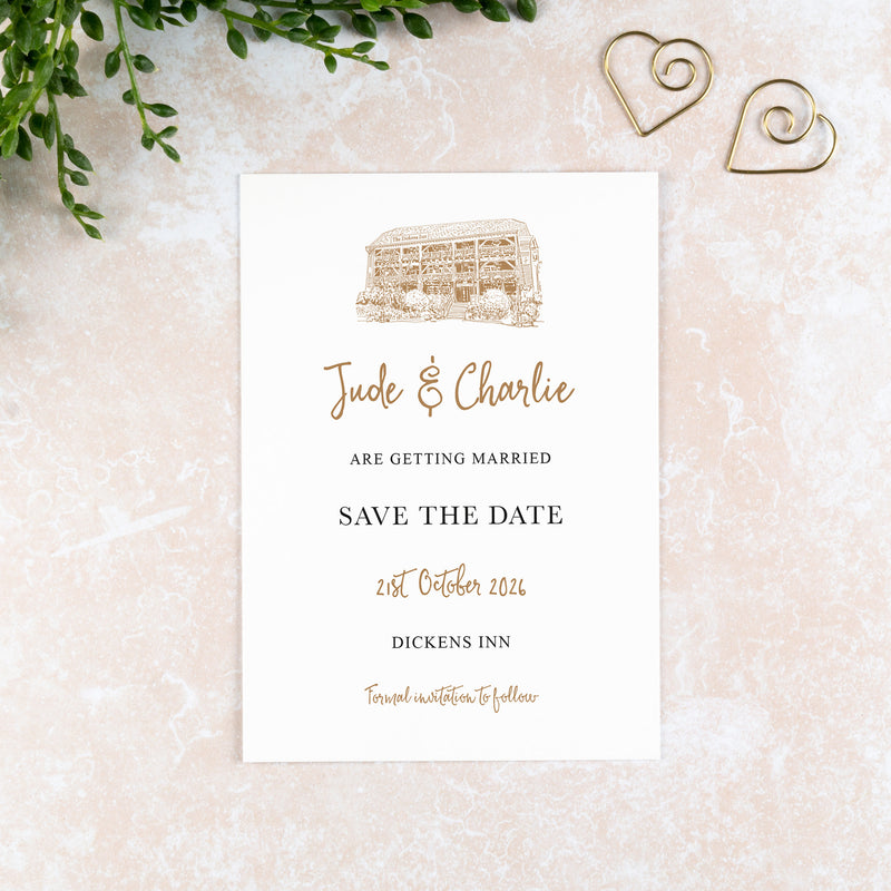 Dickens Inn, Save the Date Card, Wedding Venue Illustration