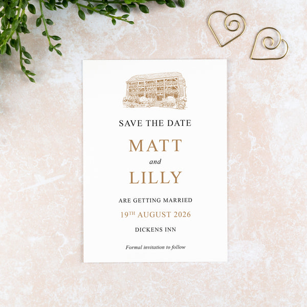 Dickens Inn, Save the Date Card, Wedding Venue Illustration