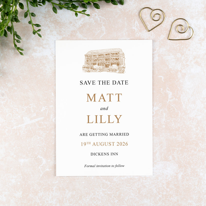 Dickens Inn, Save the Date Card, Wedding Venue Illustration