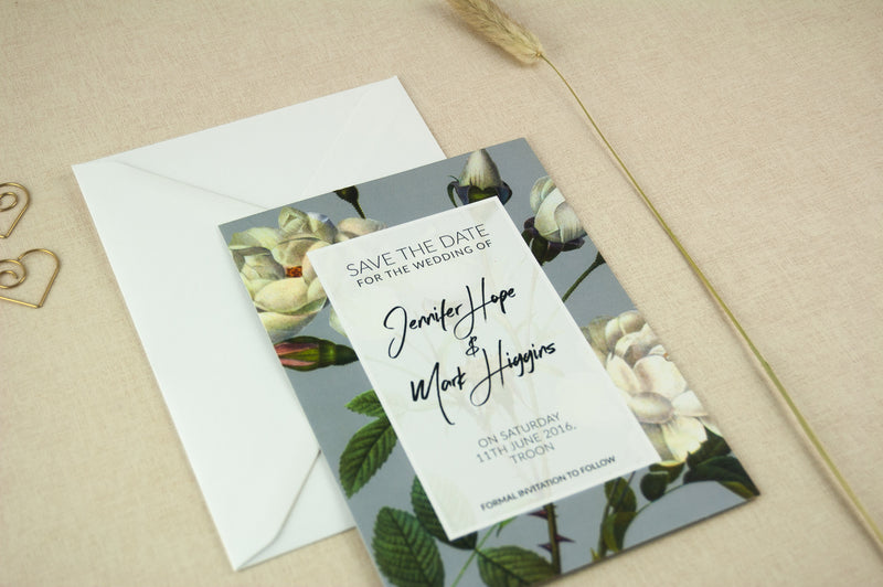 Botanical Wedding Save the Date Card, Dusty Blue