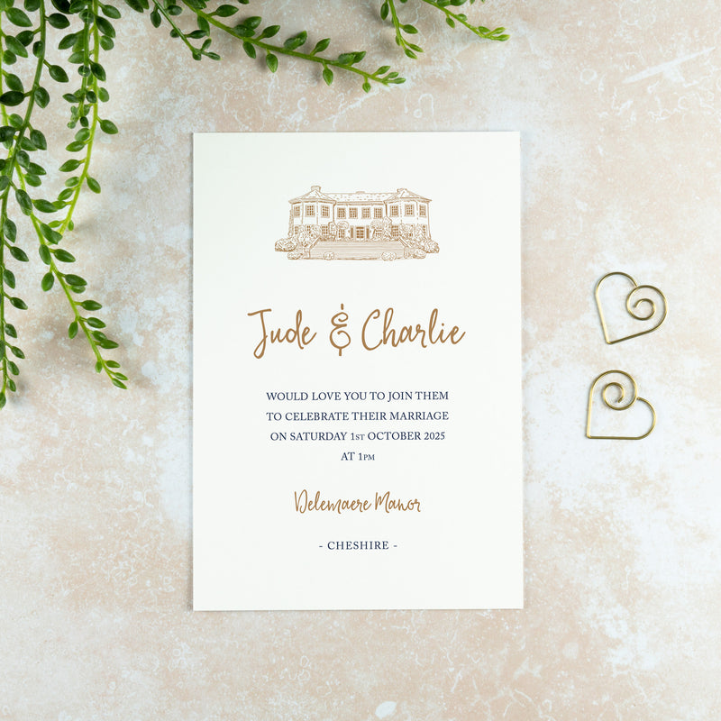 Delamere Manor Wedding Invitation, Wedding Venue Illustration