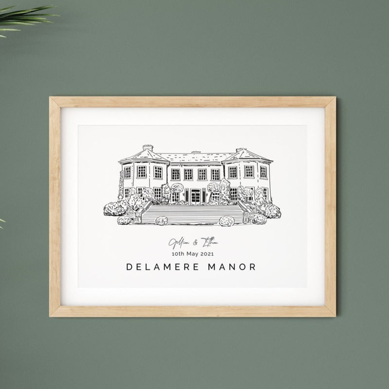 Delamere Manor, Personalised Wedding Venue Illustration Print.
