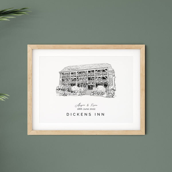 Dickens Inn, Personalised Wedding Venue Illustration Print.