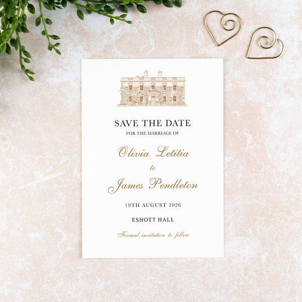 Eshott Hall, Save the Date Card, Wedding Venue Illustration