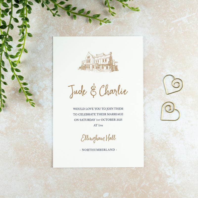 Ellingham Hall Wedding Invitation, Wedding Venue Illustration