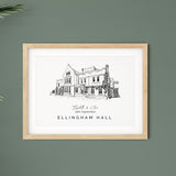 Ellingham Hall, Personalised Wedding Venue Illustration Print.