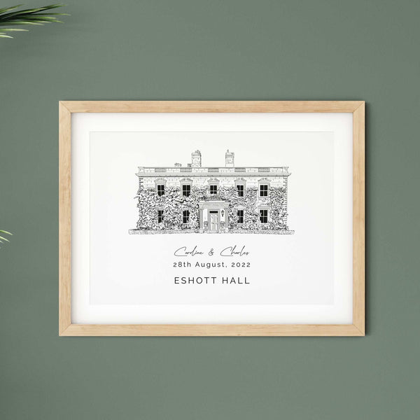 Eshott Hall, Personalised Wedding Venue Illustration Print.