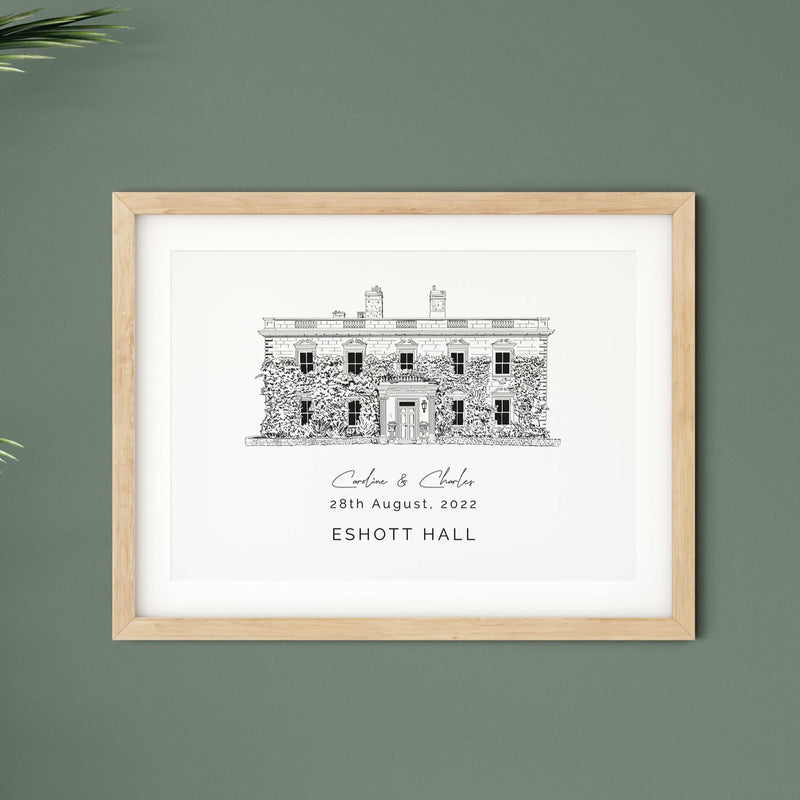 Eshott Hall, Personalised Wedding Venue Illustration Print.