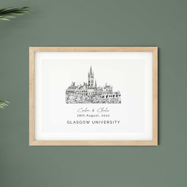 Glasgow University, Personalised Wedding Venue Illustration Print.