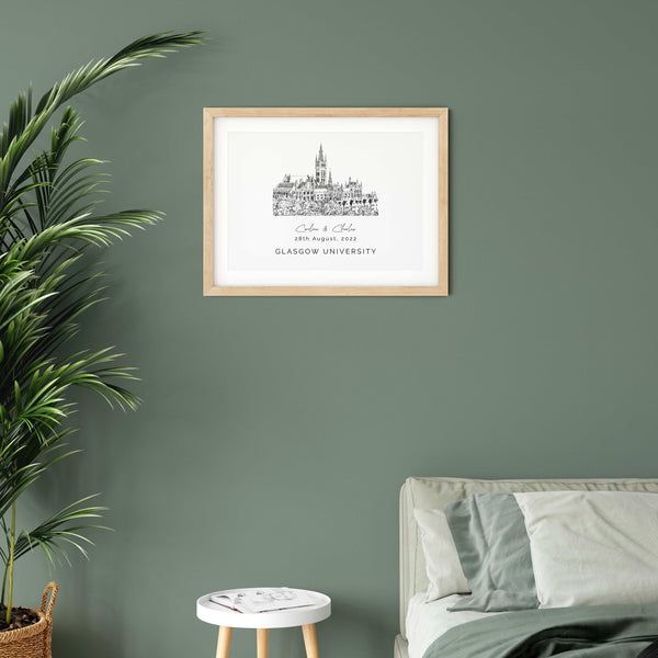 Glasgow University, Personalised Wedding Venue Illustration Print.