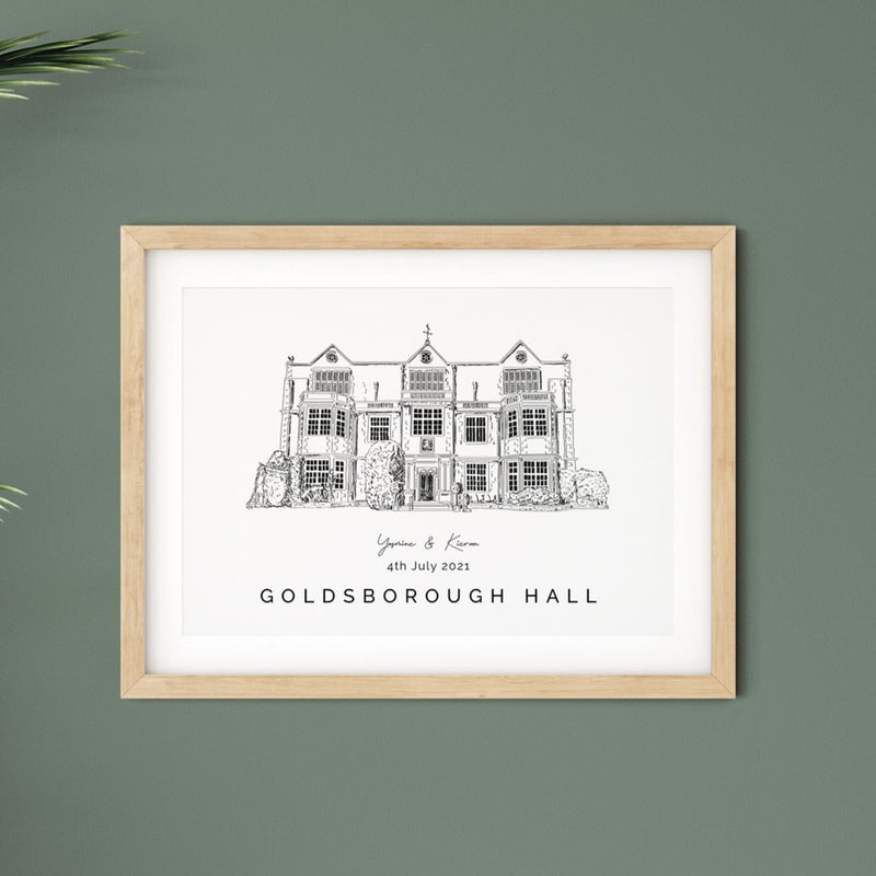 Goldsborough Hall, Personalised Wedding Venue Illustration Print.