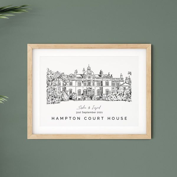 Hampton Court House, Personalised Wedding Venue Illustration Print.