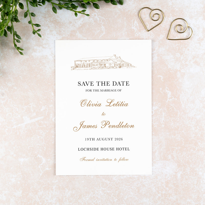 Lochside House Hotel, Save the Date Card, Wedding Venue Illustration