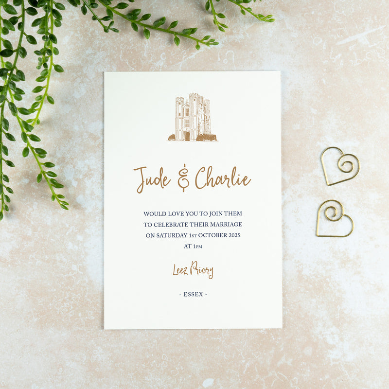 Leez Priory Wedding Invitation, Wedding Venue Illustration