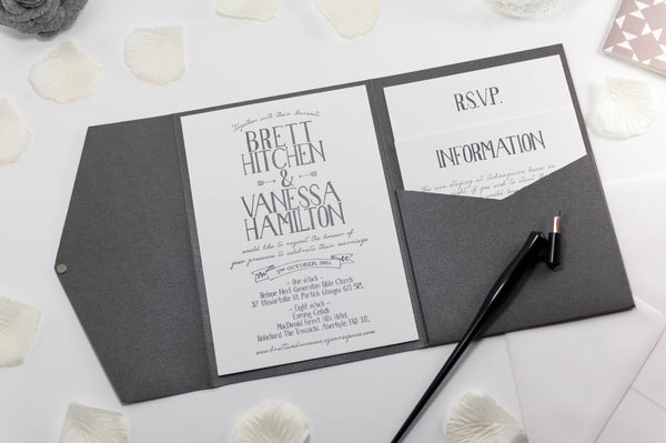 luxuryweddinginvitationsbycombossa Pocketfold Wedding Invitation Vintage Banner Wedding Invitation in Platinum Grey Pocketfold