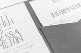 luxuryweddinginvitationsbycombossa Pocketfold Wedding Invitation Vintage Banner Wedding Invitation in Platinum Grey Pocketfold