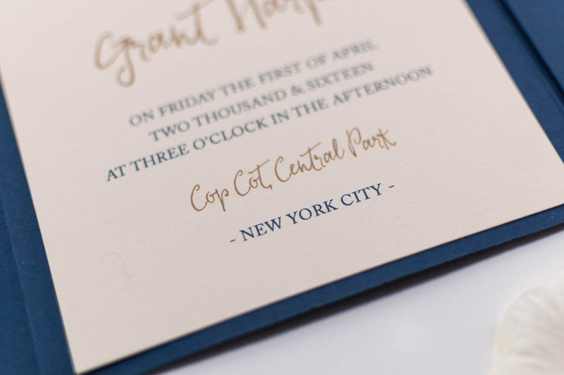 luxuryweddinginvitationsbycombossa Pocketfold Wedding Invitation Calligraphy Wedding Invitation in Navy Blue Pocketfold