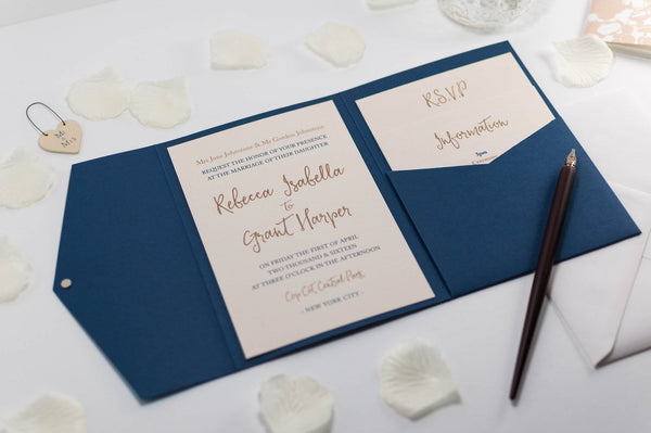 luxuryweddinginvitationsbycombossa Pocketfold Wedding Invitation Calligraphy Wedding Invitation in Navy Blue Pocketfold