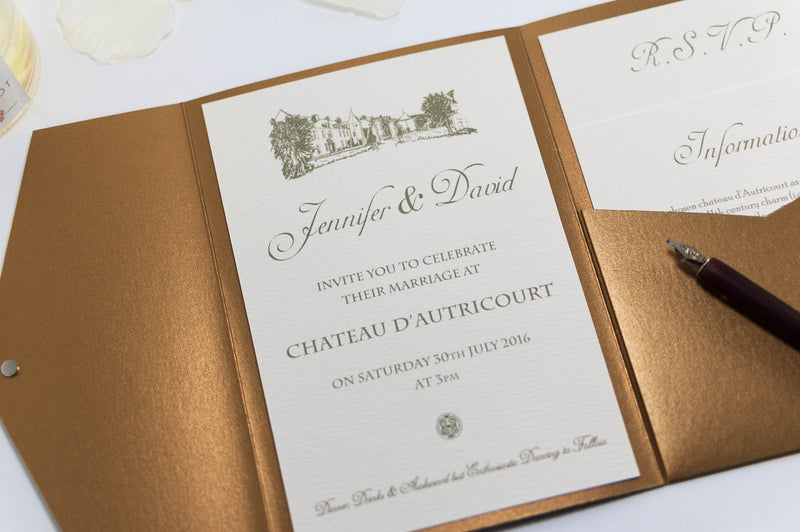 luxuryweddinginvitationsbycombossa Pocketfold Wedding Invitation Vintage Chateau Wedding Invitation in Antique Gold Pocketfold