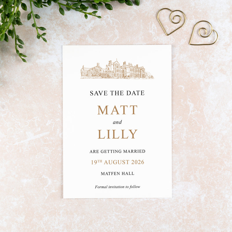 Matfen Hall, Save the Date Card, Wedding Venue Illustration