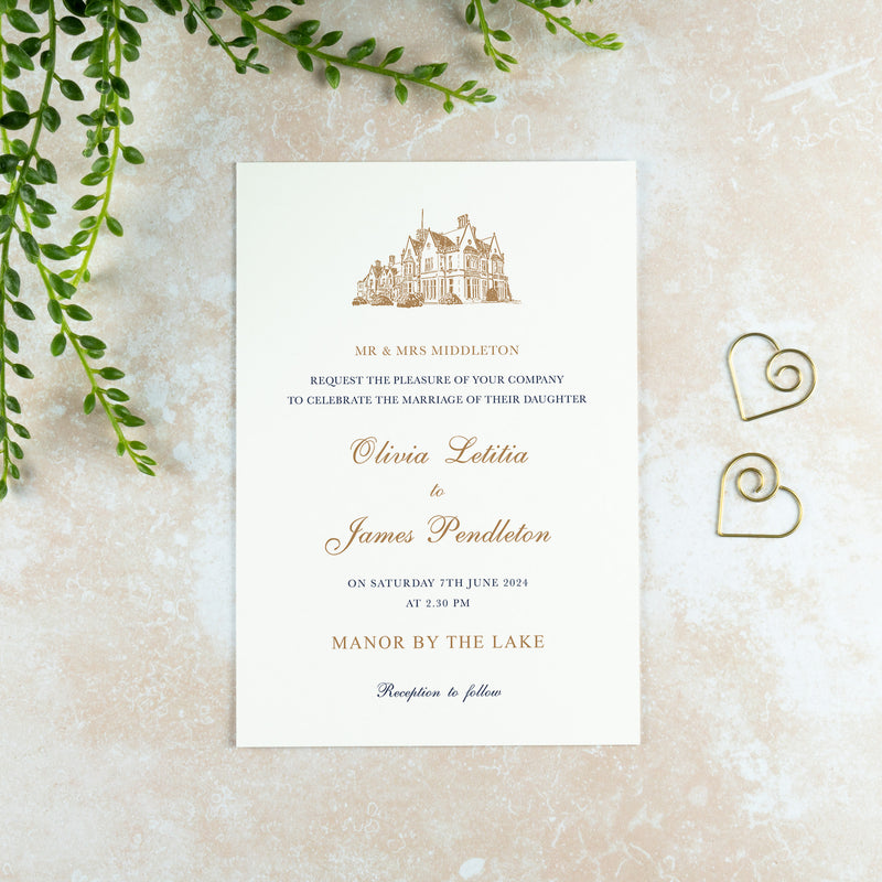 Manor By The Lake Wedding Invitation, Wedding Venue Illustration
