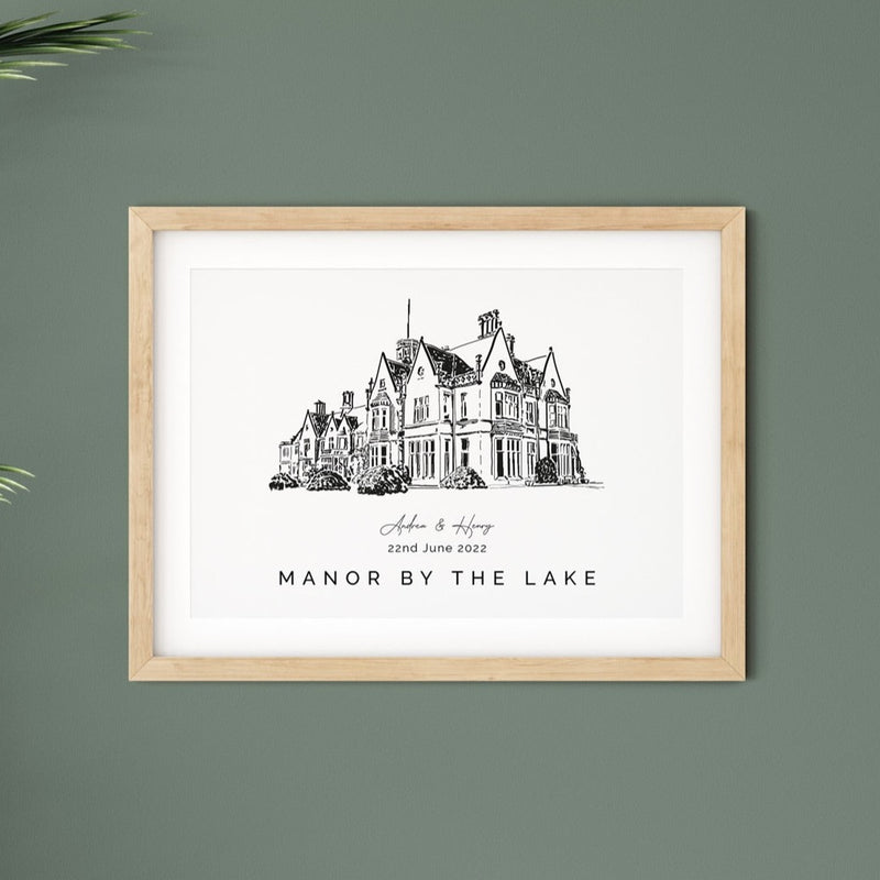 Manor By The Lake, Personalised Wedding Venue Illustration Print.