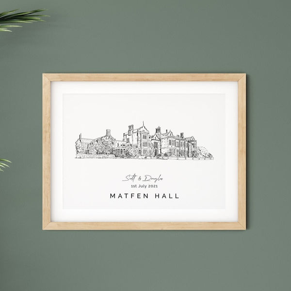 Matfen Hall, Personalised Wedding Venue Illustration Print.