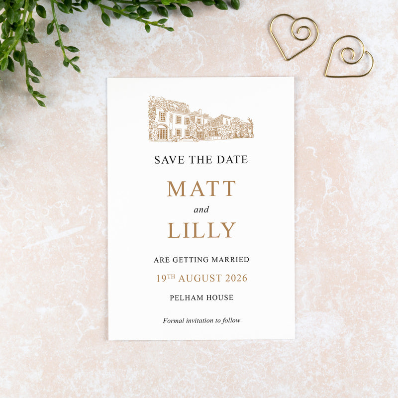 Pelham House, Save the Date Card, Wedding Venue Illustration