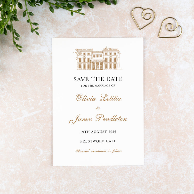 Prestwold House, Save the Date Card, Wedding Venue Illustration