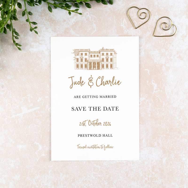Prestwold House, Save the Date Card, Wedding Venue Illustration