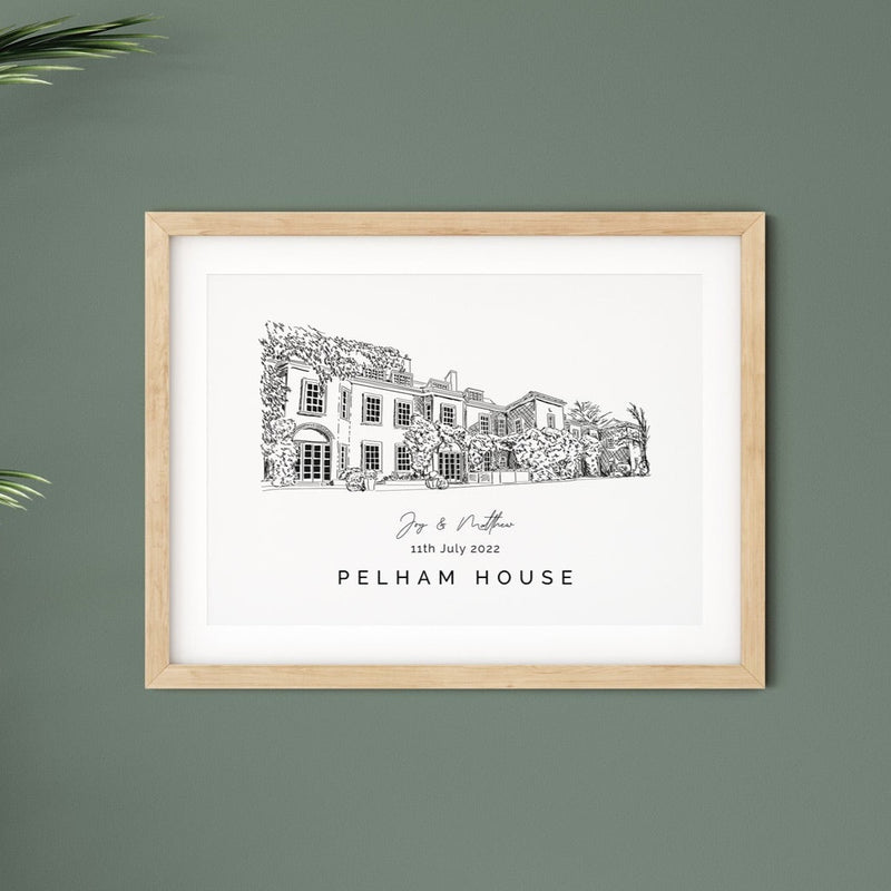 Pelham House, Personalised Wedding Venue Illustration Print.