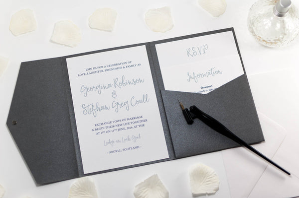 luxuryweddinginvitationsbycombossa Pocketfold Wedding Invitation Calligraphy Wedding Invitation in Platinum Grey Pocketfold