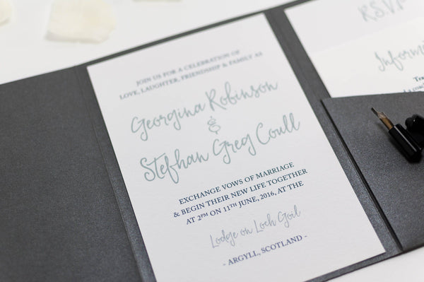 luxuryweddinginvitationsbycombossa Pocketfold Wedding Invitation Calligraphy Wedding Invitation in Platinum Grey Pocketfold