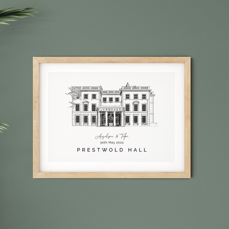 Prestwold Hall, Personalised Wedding Venue Illustration Print.