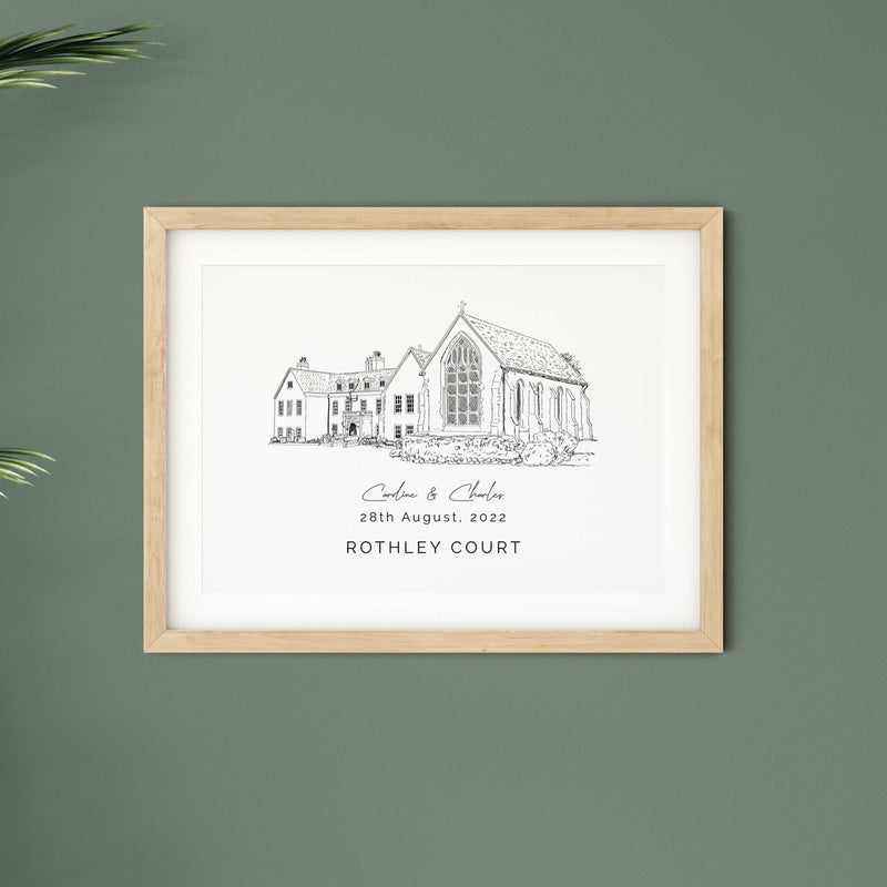 Rothley Court Hotel, Personalised Wedding Venue Illustration Print.