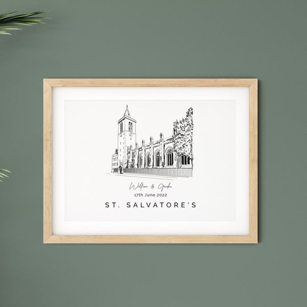 St. Salvatore's, Personalised Wedding Venue Illustration Print.