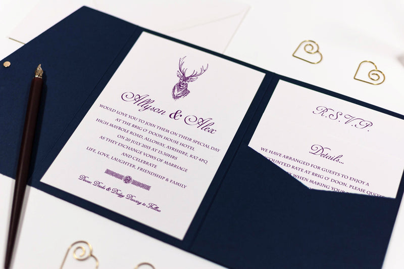 luxuryweddinginvitationsbycombossa Pocketfold Wedding Invitation Stag Wedding Invitation in Navy Blue Pocketfold