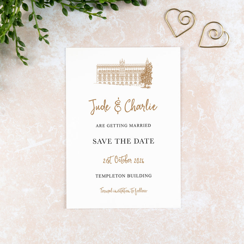 The Templeton Building, Save the Date Card, Wedding Venue Illustration