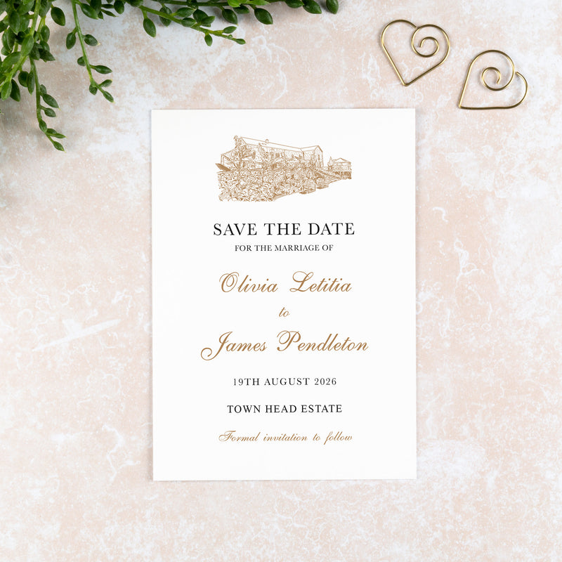 The Town Head Estate, Save the Date Card, Wedding Venue Illustration