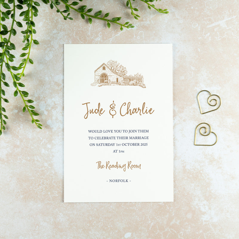 The Reading Room Wedding Invitation, Wedding Venue Illustration