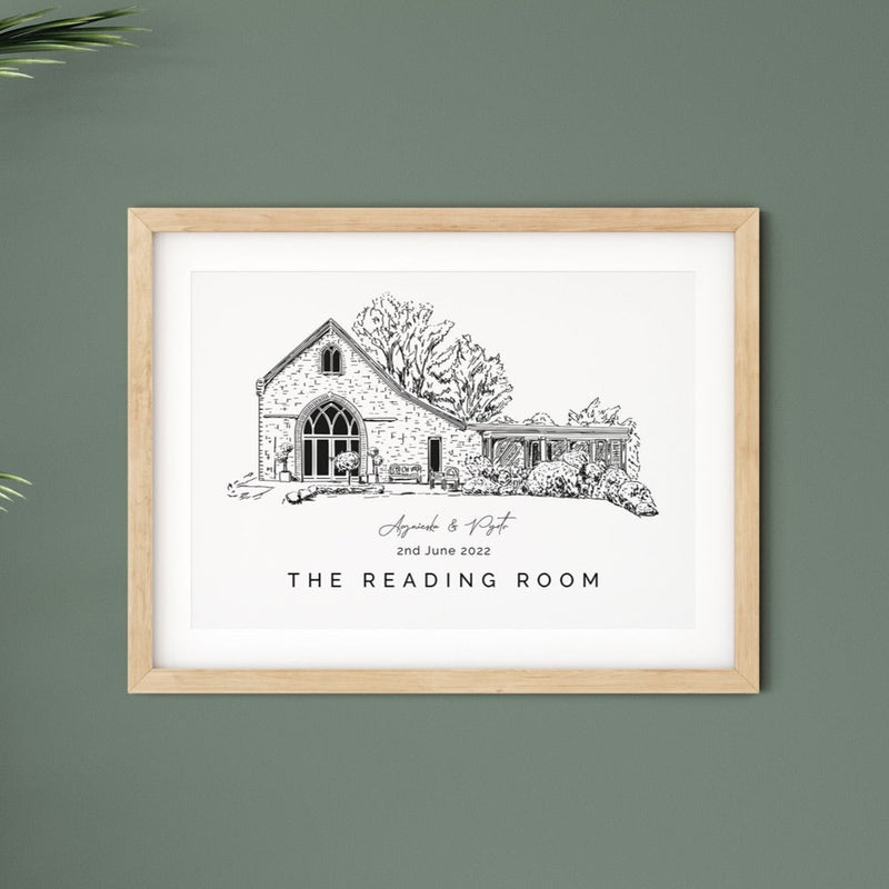 The Reading Room, Personalised Wedding Venue Illustration Print.