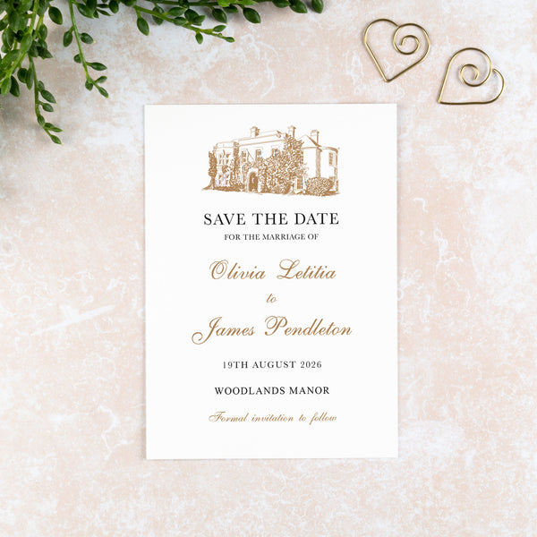 Woodland Manor, Save the Date Card, Wedding Venue Illustration