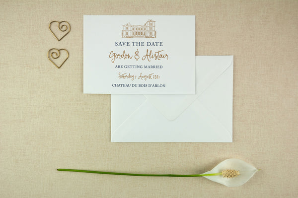 Chateau Du Bois D'Arlon, Wedding Venue Illustration, Sketch Save the Date Card