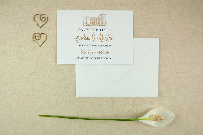 Chateau Du Bois D'Arlon, Wedding Venue Illustration, Sketch Save the Date Card