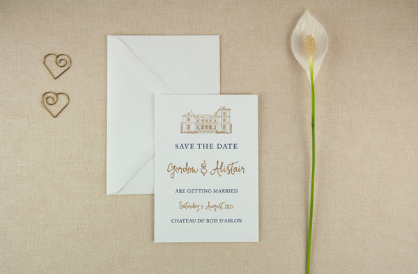 Chateau Du Bois D'Arlon, Wedding Venue Illustration, Sketch Save the Date Card